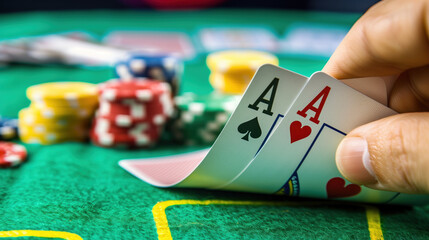 Close-up of a hand holding pocket aces in a poker game on green felt.