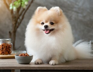 White and brown pomeranian dog waiting for food.