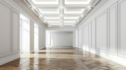 Minimalist ceiling in white over traditional wooden floors.