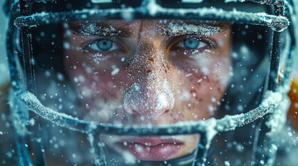Portrait of a young american football player in helmet. Shallow depth of field
