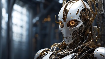 Fototapeta premium A detailed bronze robot warrior statue, blending the art of war with a futuristic vision