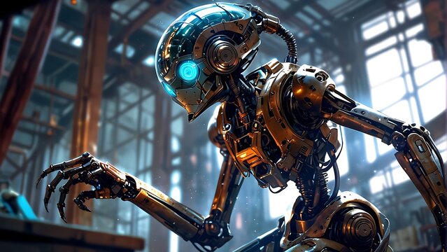 A detailed bronze robot warrior statue, blending the art of war with a futuristic vision