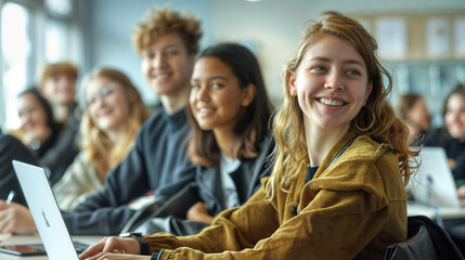 A group of students sitting in a classroom during a lesson or lecture. Education at school or university. Process of learning and education. Smiling teenagers in class