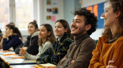 A group of students sitting in a classroom during a lesson or lecture. Education at school or university. Process of learning and education. Smiling teenagers in class