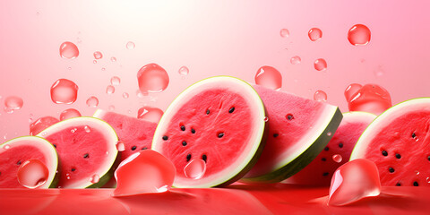 Watermelon slices with water splashes isolated on pink background
 - obrazy, fototapety, plakaty