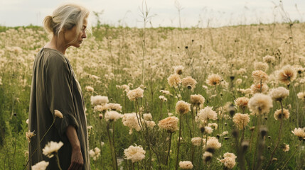 A woman in her 40s standing in a field of dying flowers.