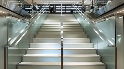 A contemporary staircase with frosted glass panels and sleek metal handrails, in a high-end fashion...