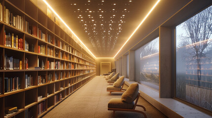 A cozy library room equipped with an acoustic ceiling that includes soft lighting to create a calm reading atmosphere. 