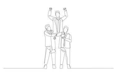 Continuous one line drawing of two businessmen carry colleague on their shoulders, business team celebration concept, single line art.