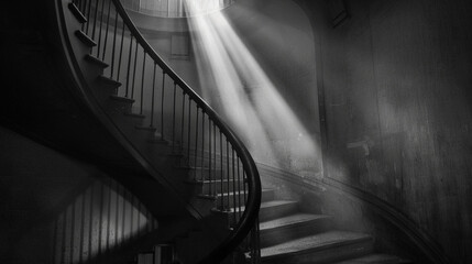 A dramatic black and white photograph of a spiraling staircase in a lighthouse, with a beam of...