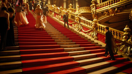 A dramatic staircase in a grand theater, red carpeted and lined with golden balustrades, with...