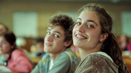 Obraz premium A group of students sitting in a classroom during a lesson or lecture. Education at school or university. Process of learning and education. Smiling teenagers in class