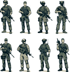 Military man vector illustration mega set, marines, NAVY, army soldier