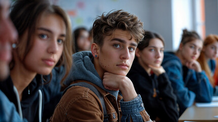 A group of students sitting in a classroom during a lesson or lecture. Education at school or university. Process of learning and education. Teenagers in class