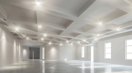 Large room with a multi-level white stretch ceiling, brightly lit by integrated halogen lamps.