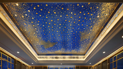Office ceiling with a lapis lazuli and gold tile mosaic and soft lighting.
