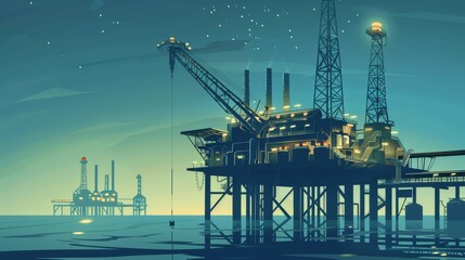 Obraz premium Starry night over an offshore oil rig