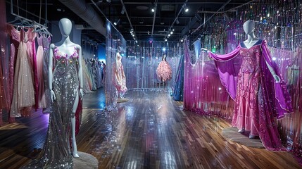 A room full of colorful dresses. There is a mannequin in the center of the room wearing a sparkly pink dress. The dresses on the left are mostly pink and purple, while the dresses on the right are mo