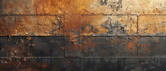 Aged and weathered rustic metal wall texture with vibrant gold and brown tones, perfect for grunge backgrounds.