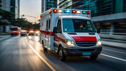 Motion blur medical ambulance vehicle speeding on the way for accident or health care emergency services concept.