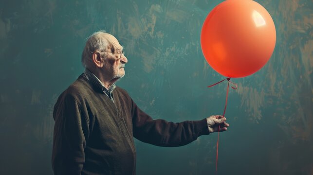 An elderly man holding onto a balloon that is gradually losing its shape and color, an allegory for the gradual and inevitable decline of cognitive functions in dementia.