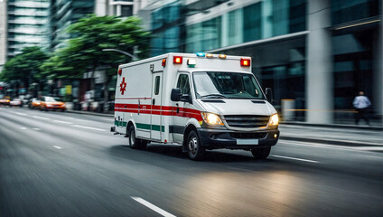 Motion blur medical ambulance vehicle speeding on the way for accident or health care emergency services concept.