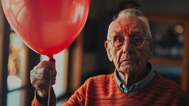 An elderly man holding onto a balloon that is gradually losing its shape and color, an allegory for the gradual and inevitable decline of cognitive functions in dementia.