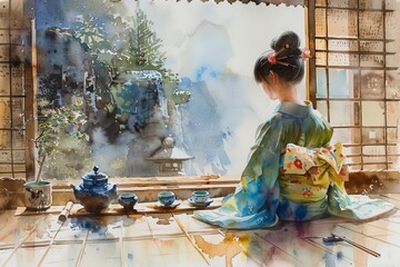 Capture the essence of a traditional Japanese tea ceremony in exquisite detail from an eye-level angle Show the intricate movements and serene atmosphere in watercolors for a timel