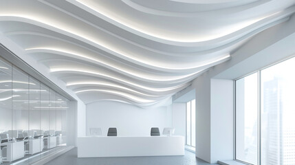 A sleek office environment featuring a white, wave-patterned ceiling that flows across the room,...