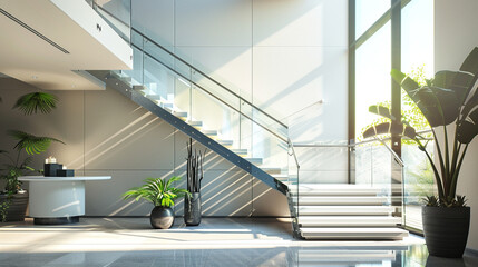 Fototapeta premium A sleek, modern staircase with glass railings inside a contemporary home, bathed in natural light from a large window.