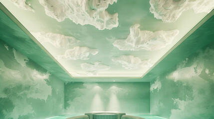 World map-themed ceiling in subtle earth tones, perfect for a travel-inspired room.