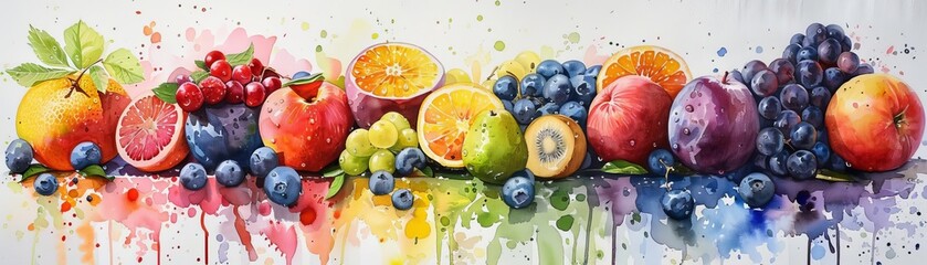 Capture a worms-eye view of a sumptuous fruit platter using vibrant watercolors to evoke freshness and vibrancy Highlight juicy textures and rich colors to entice the viewer