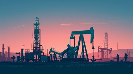 Fototapeta premium Oilfield silhouette at dusk