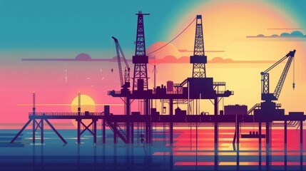Obraz premium Silhouette of an offshore drilling rig against a vibrant sunset