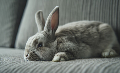 Naklejka premium Awakening Creativity: The Relaxed Bunny in a Minimal Gray World