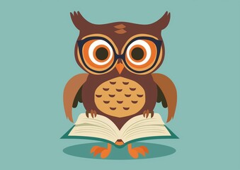 Cute Cartoon Owl Reading a Book on Blue Background Illustration
