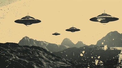 Flying saucers and aliens on the mountain background. Vector hand-drawn style illustration. Grunge textures.