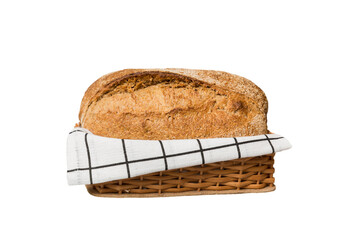 Freshly baked bread on basket isolated on white background. Perspective view bread copy space