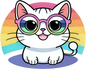 Cartoon white cat wearing glasses sitting smiling on a rainbow background.