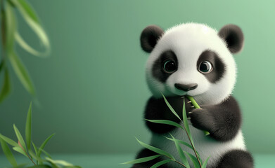 Green Serenity: A Baby Panda's Peaceful Moment with Bamboo on a Mint Background