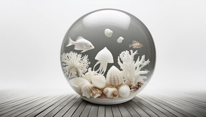 Water world in Glass sphere, white background, beautiful nature
