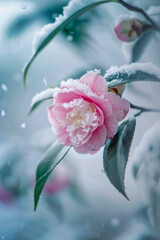 A pink flower with snow on it