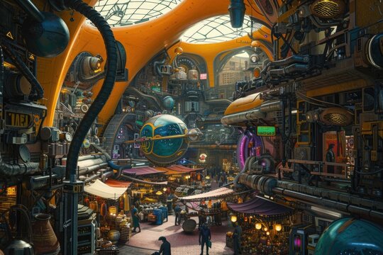 A vibrant, bustling futuristic city street lined with shops and restaurants, with pedestrians and flying vehicles filling the scene. Resplendent. - Powered by Adobe