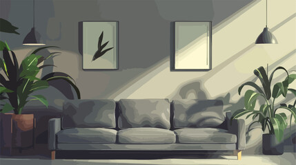 Stylish grey sofa in modern interior of living room Vector