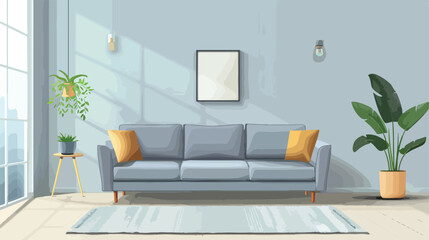 Stylish grey sofa with soft cushions in interior