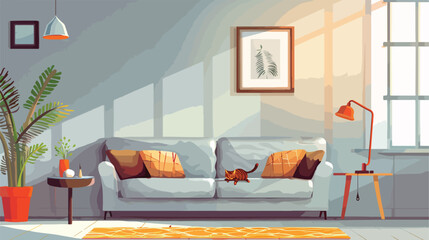 Stylish grey sofa with soft cushions in interior