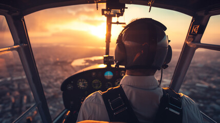 helicopter pilot in cockpit at sunset