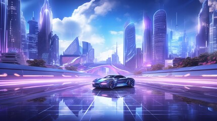 Digital holographic background with futuristic cityscape hovercars and flying cars visible