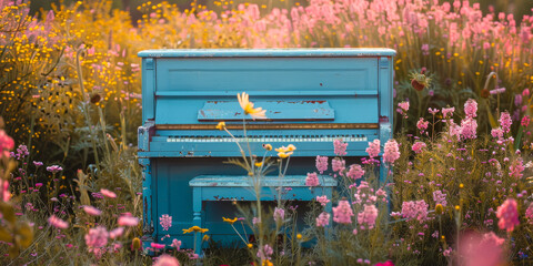 A blue piano is sitting in a field of flowers