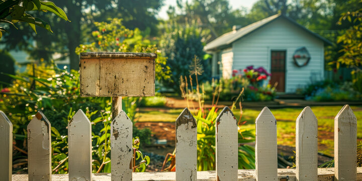 A white picket fence with a sign on it - Powered by Adobe